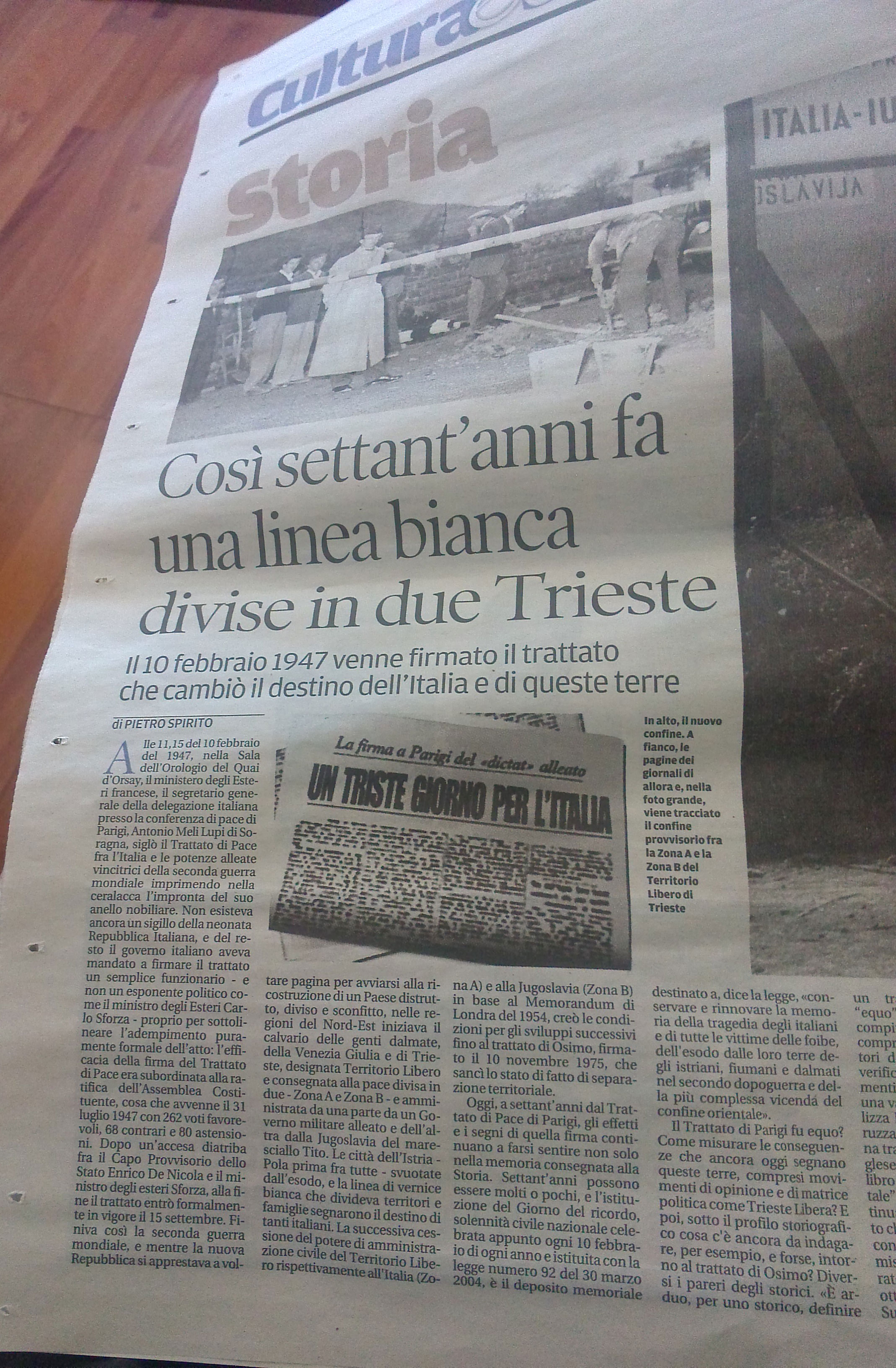 Il Piccolo pubblica un articolo sul trattato del 10 febbraio 1947