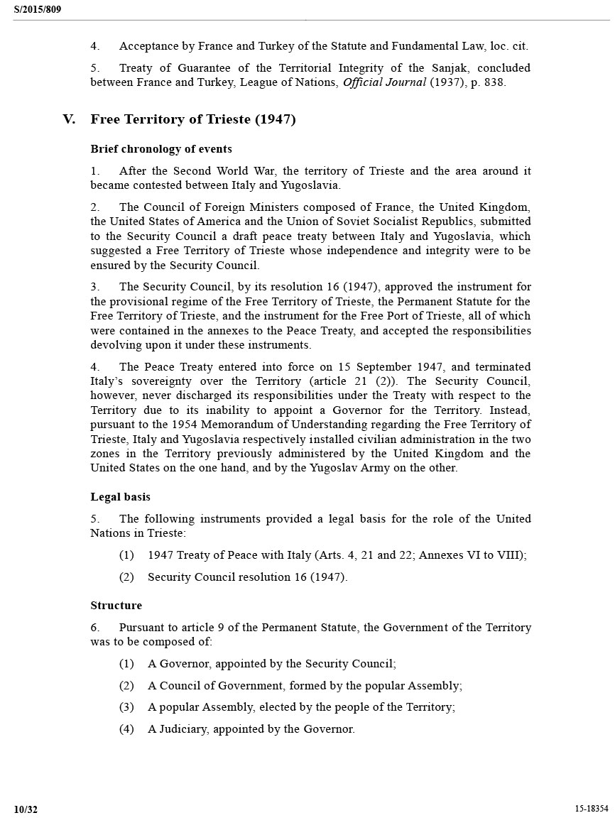 Documento del Segretario Generale dell’ONU, dove menziona il Territorio Libero di Trieste