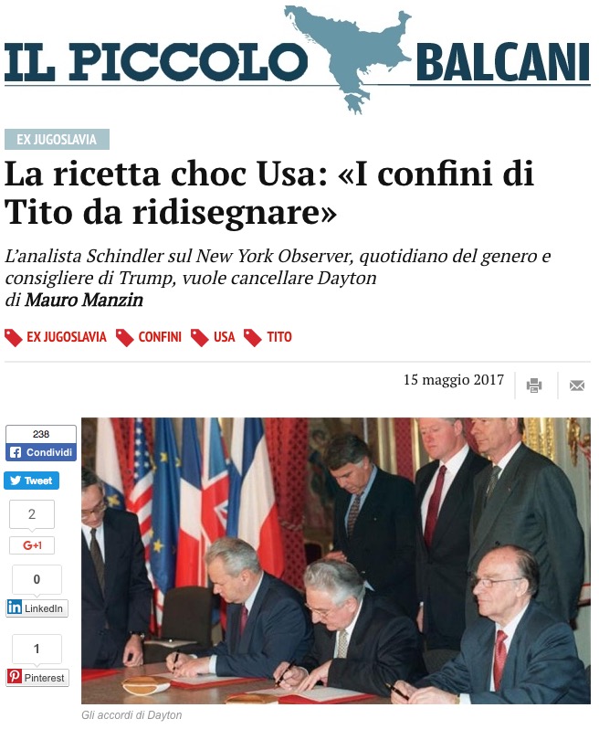 Sul quotidiano «Il Piccolo» un articolo sui confini dell’ex Jugoslavia da ridisegnare