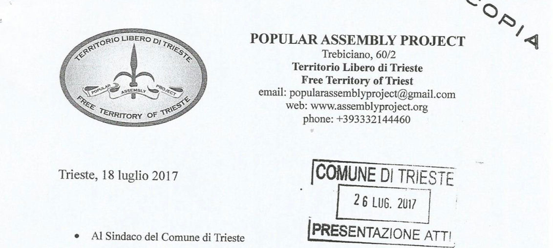 lettera richiesta sede Assemblea Popolare in Porto Vecchio a Trieste