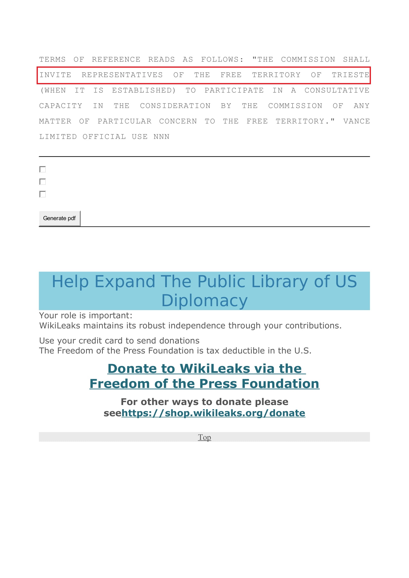Il Territorio Libero di Trieste, “entra” nel “Website” di Wikyleaks.